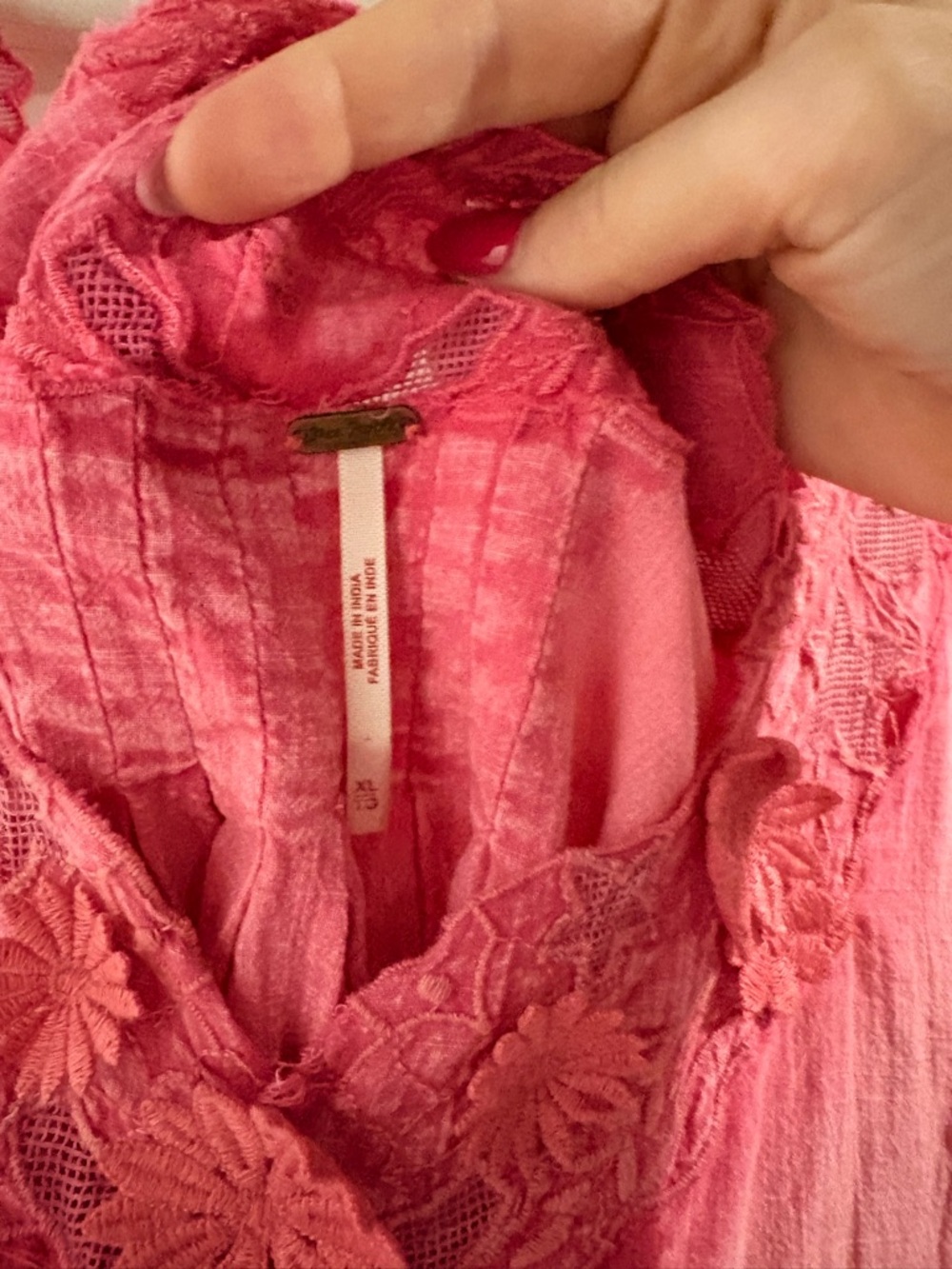 Free People Pink Floral-Appliqué V-Neck Peasant Top - Picture 2 of 3